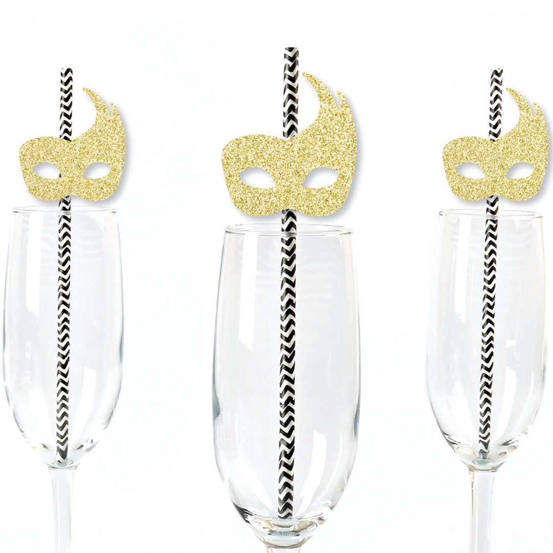 Gold Glitter Masks Party Straws - No-Mess Real Gold Glitter Cut-Outs & Decorative Masquerade Mardi Gras Party Paper Straws - Set of 24