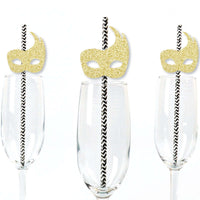 Gold Glitter Masks Party Straws - No-Mess Real Gold Glitter Cut-Outs & Decorative Masquerade Mardi Gras Party Paper Straws - Set of 24