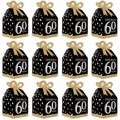 Adult 60th Birthday - Gold - Square Favor Gift Boxes - Birthday Party Bow Boxes - Set of 12