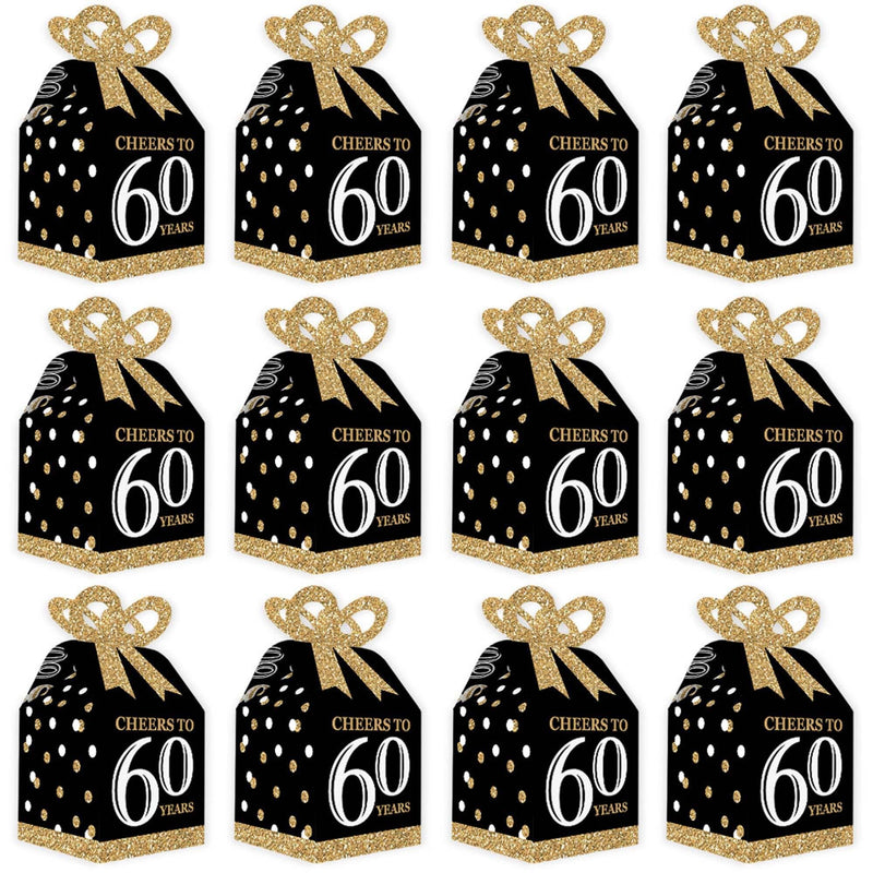 Adult 60th Birthday - Gold - Square Favor Gift Boxes - Birthday Party Bow Boxes - Set of 12