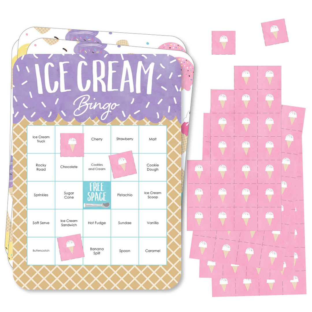 Bingo game set with rectangular game cards and perforated marker sheets, featuring an ice cream theme with purple, pink, and white colors.