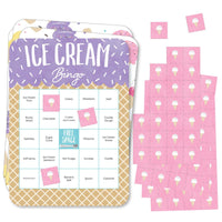 Bingo game set with rectangular game cards and perforated marker sheets, featuring an ice cream theme with purple, pink, and white colors.