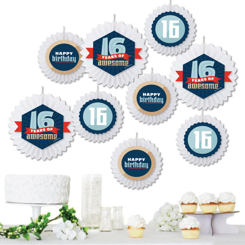 Boy 16th Birthday - Hanging Sweet Sixteen Birthday Party Tissue Decoration Kit - Paper Fans - Set of 9