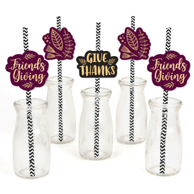 Elegant Thankful for Friends - Friendsgiving Paper Straw Decor - Party Striped Decorative Straws - Set of 24
