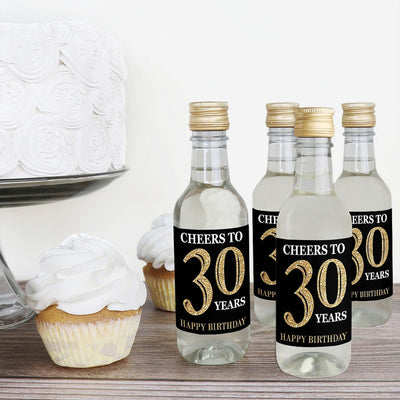Adult 30th Birthday - Gold - Mini Wine and Champagne Bottle Label Stickers - Birthday Party Favor Gift - For Women and Men - Set of 16