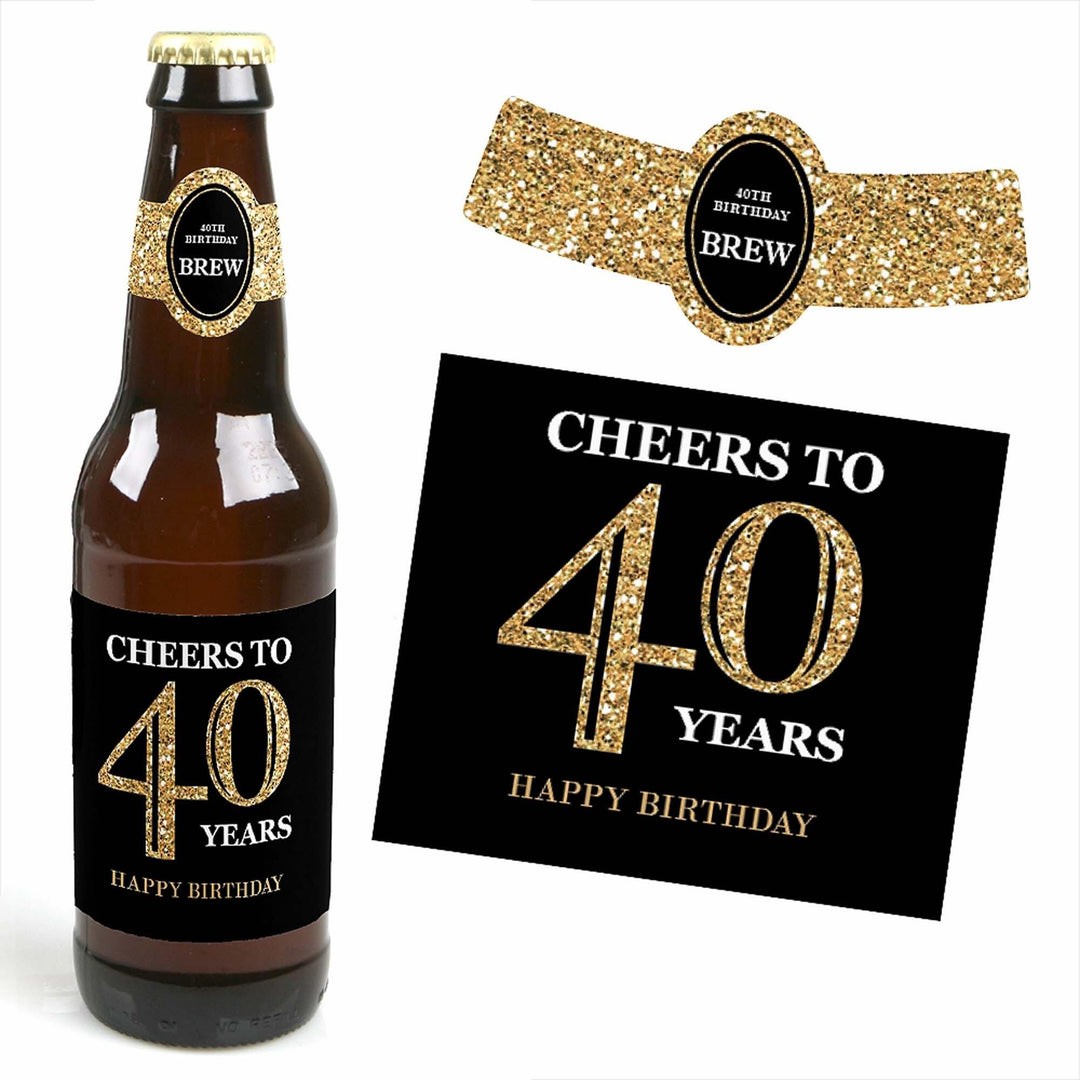Adult 40th Birthday - Gold - Decorations for Women and Men - 6 Beer Bottle Labels and 1 Carrier - Birthday Gift