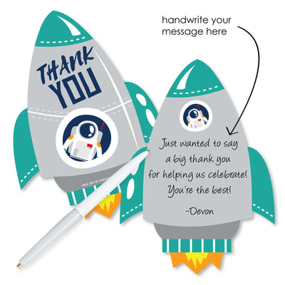 Blast Off to Outer Space - Shaped Thank You Cards - Rocket Ship Baby Shower or Birthday Party Thank You Note Cards with Envelopes - Set of 12