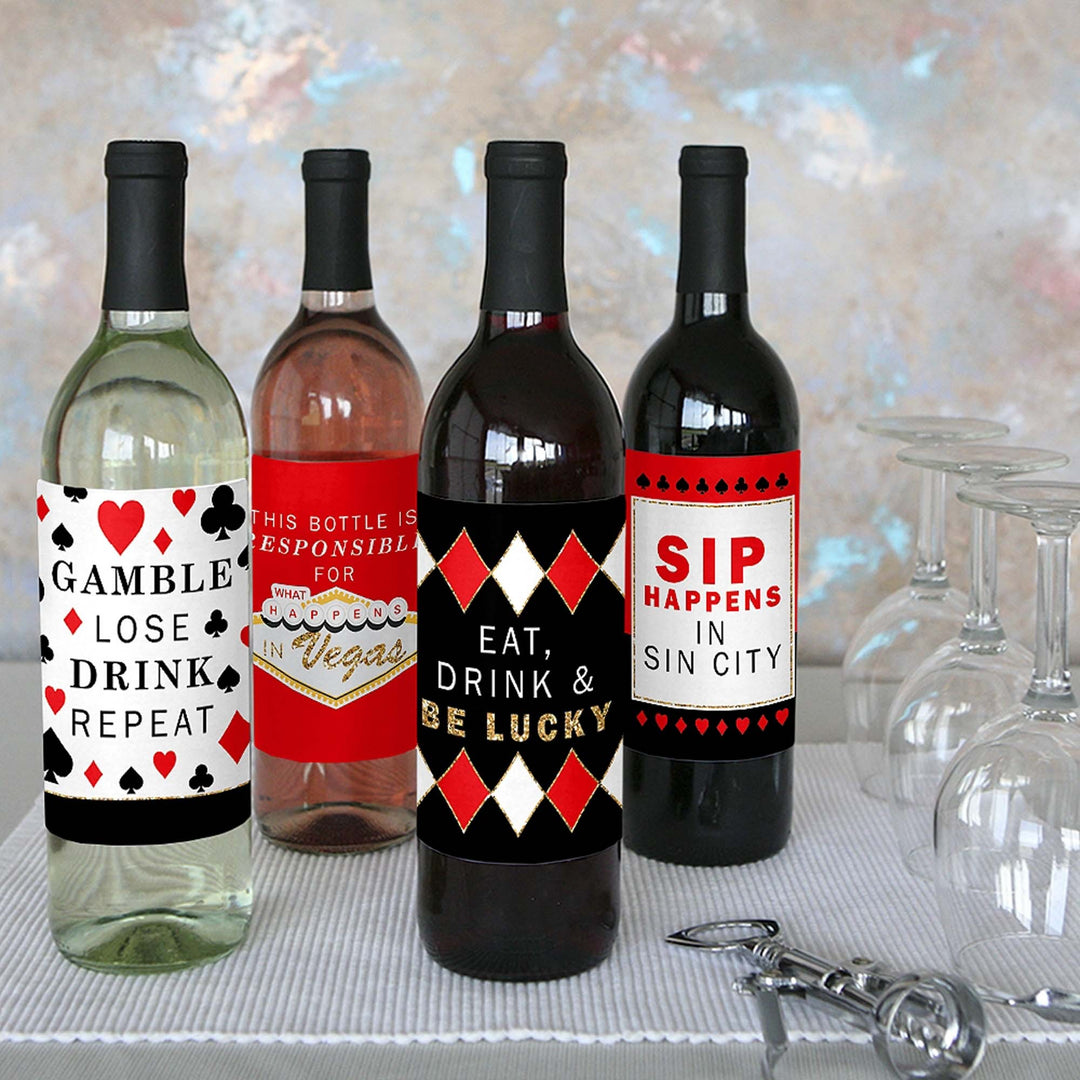 Las Vegas - Casino Party Decorations for Women and Men - Wine Bottle Label Stickers - Set of 4
