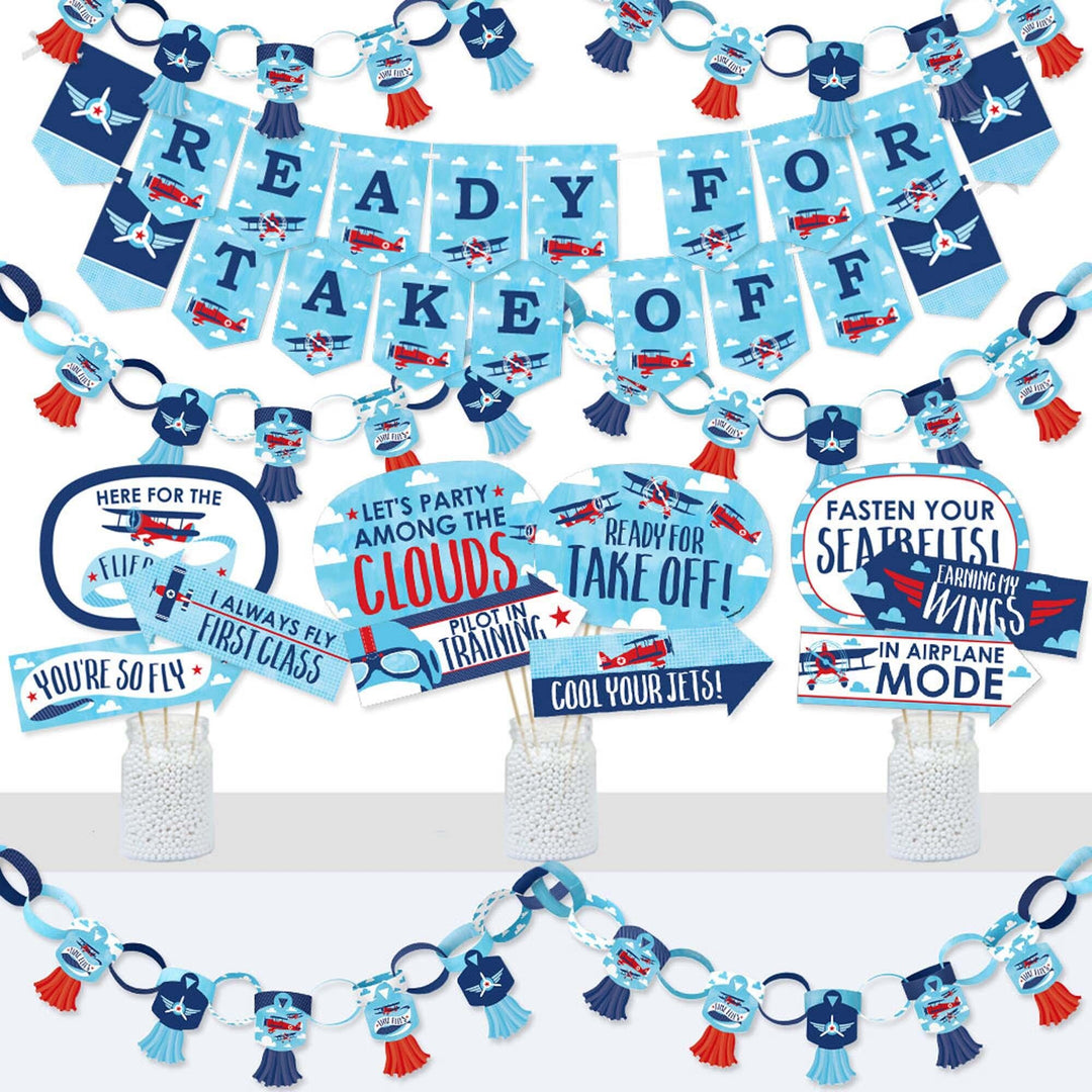 Taking Flight - Airplane - Banner and Photo Booth Decorations - Vintage Plane Baby Shower or Birthday Party Supplies Kit - Doterrific Bundle
