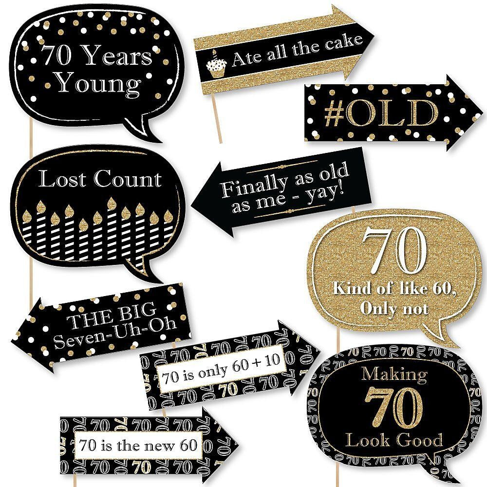 Funny Adult 70th Birthday - Gold - 10 Piece Birthday Party Photo Booth Props Kit