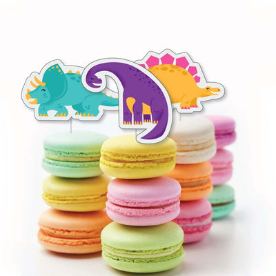 Roar Dinosaur Girl - Dessert Cupcake Toppers - Dino Mite T-Rex Baby Shower or Birthday Party Clear Treat Picks - Set of 24