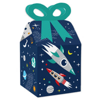 Blast Off to Outer Space - Square Favor Gift Boxes - Rocket Ship Baby Shower or Birthday Party Bow Boxes - Set of 12