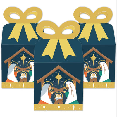 Holy Nativity - Square Favor Gift Boxes - Manger Scene Religious Christmas Bow Boxes - Set of 12