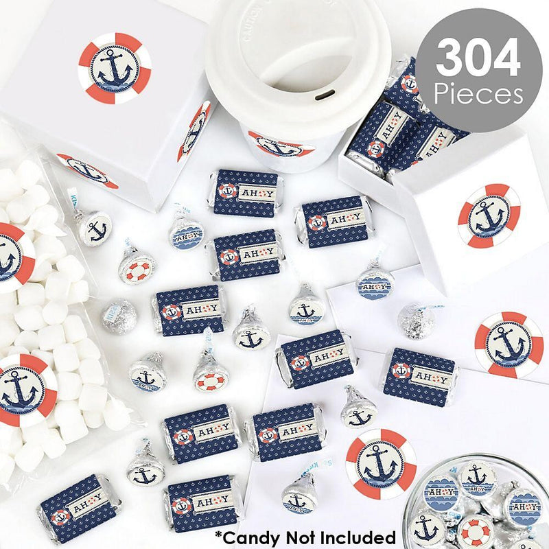 Ahoy - Nautical - Mini Candy Bar Wrappers, Round Candy Stickers and Circle Stickers - Baby Shower or Birthday Party Candy Favor Sticker Kit - 304 Pieces