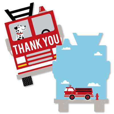 Fired Up Fire Truck - Shaped Thank You Cards - Firefighter Firetruck Baby Shower or Birthday Party Thank You Note Cards with Envelopes - Set of 12