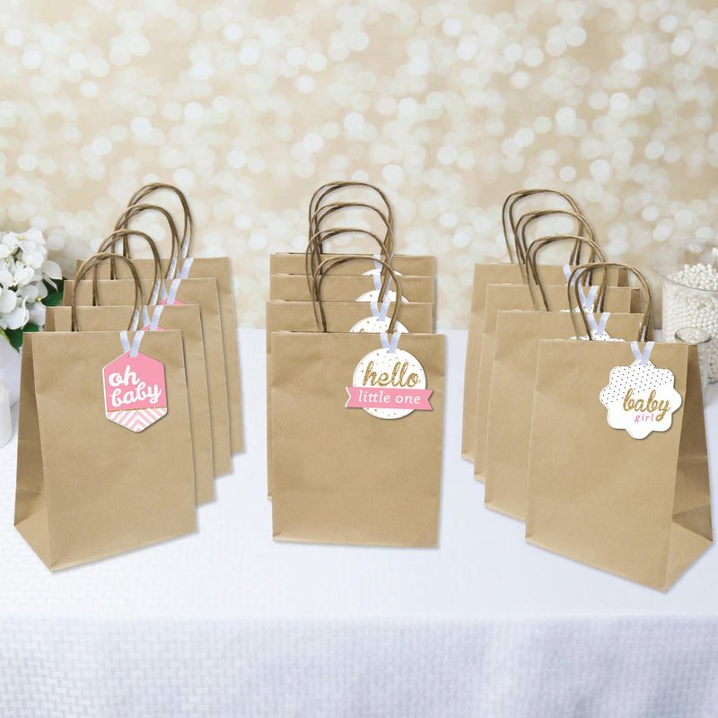 Hello Little One - Pink and Gold - Assorted Hanging Girl Baby Shower Favor Tags - Gift Tag Toppers - Set of 12