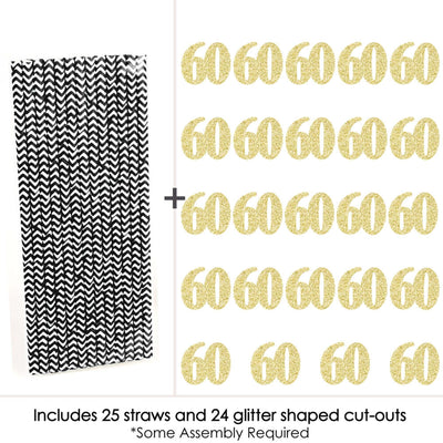 Gold Glitter 60 Party Straws - No-Mess Real Gold Glitter Cut-Out Numbers & Decorative 60th Birthday Party Paper Straws - Set of 24