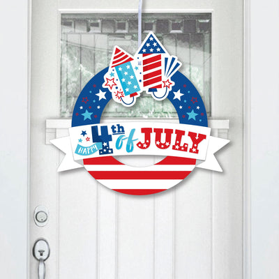 Firecracker 4th of July - Outdoor Red, White and Royal Blue Party Decor - Front Door Wreath
