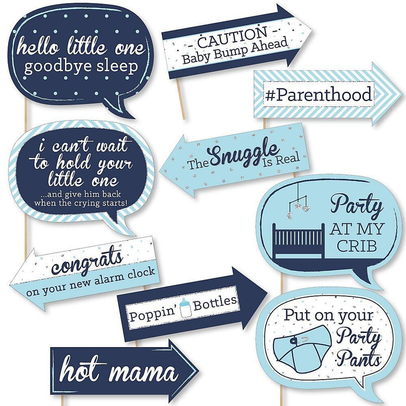 Funny Hello Little One - Blue and Silver - 10 Piece Boy Baby Shower Photo Booth Props Kit