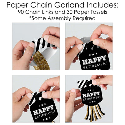 Happy Retirement - 90 Chain Links and 30 Paper Tassels Decoration Kit - Retirement Party Paper Chains Garland - 21 feet