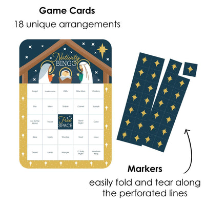 Holy Nativity - Bingo Cards and Markers - Manger Scene Religious Christmas Shaped Bingo Game - Set of 18
