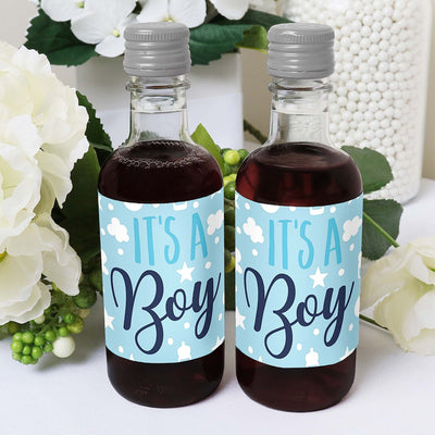 It's a Boy - Mini Wine and Champagne Bottle Label Stickers - Blue Baby Shower Favor Gift - For Women and Men - Set of 16