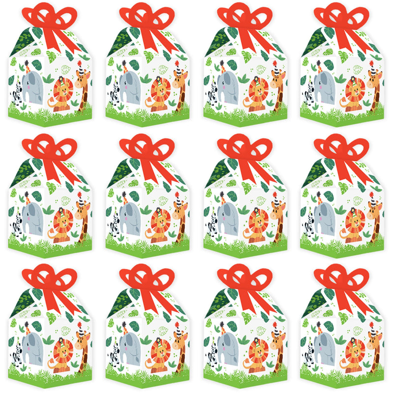 Jungle Party Animals - Square Favor Gift Boxes - Safari Zoo Animal Birthday Party or Baby Shower Bow Boxes - Set of 12