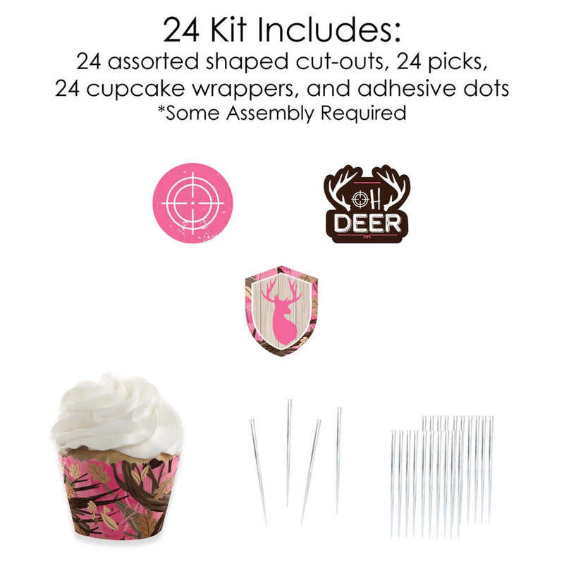 Pink Gone Hunting - Cupcake Decoration - Deer Hunting Girl Camo Baby Shower or Birthday Party Cupcake Wrappers and Treat Picks Kit - Set of 24