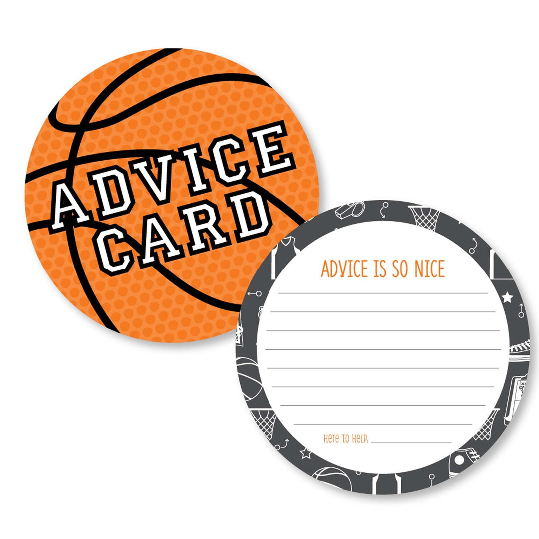 Set of 20 basketball-shaped baby shower advice cards with space to write a personal message. The cards are orange and black with a basketball pattern and text that reads 'ADVICE CARD' and 'ADVICE IS SO NICE'.