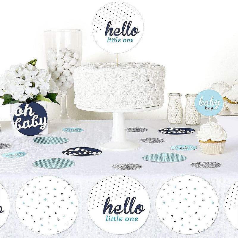 Hello Little One - Blue and Silver - Boy Baby Shower Giant Circle Confetti - Baby Shower Decorations - Large Confetti 27 Count