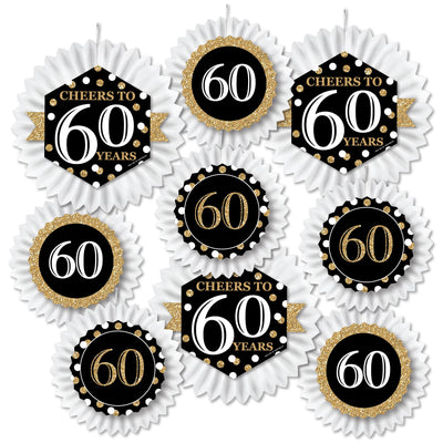 Adult 60th Birthday - Gold - Hanging Birthday Party Tissue Decoration Kit - Paper Fans - Set of 9