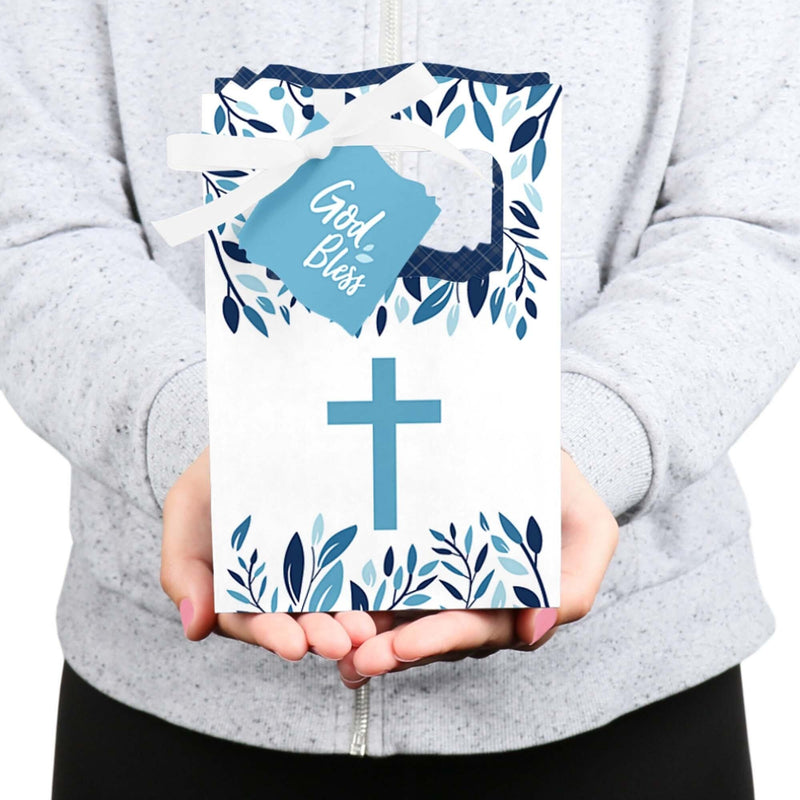 Blue Elegant Cross - Boy Religious Party Favor Boxes - Set of 12