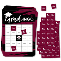 A set of rectangular bingo cards with 'Grad Bingo' text and graduation-themed words, accompanied by perforated marker sheets in a maroon and burgundy color scheme.