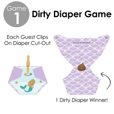 Let's Be Mermaids - Baby Shower Conversation Starter - 2-in-1 Dirty Diaper Game - Set of 24