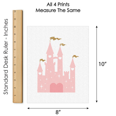 Little Princess Crown - Unframed Pink and Gold Castle Nursery and Kids Room Linen Paper Wall Art - Set of 4 - Artisms - 8 x 10 inches