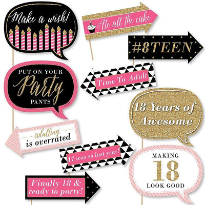 Funny Chic 18th Birthday - Pink, Black and Gold - 10 Piece Photo Birthday Party Booth Props Kit