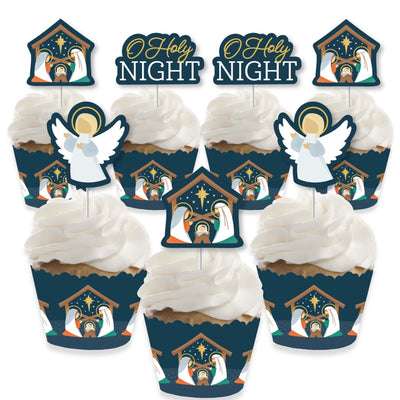 Holy Nativity - Cupcake Decoration - Manger Scene Religious Christmas Cupcake Wrappers and Treat Picks Kit - Set of 24