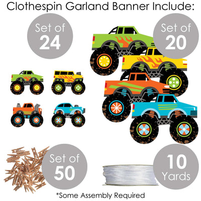 Smash and Crash - Monster Truck - Boy Birthday Party DIY Decorations - Clothespin Garland Banner - 44 Pieces
