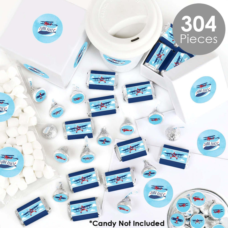 Taking Flight - Airplane - Mini Candy Bar Wrappers, Round Candy Stickers and Circle Stickers - Vintage Plane Baby Shower or Birthday Party Candy Favor Sticker Kit - 304 Pieces