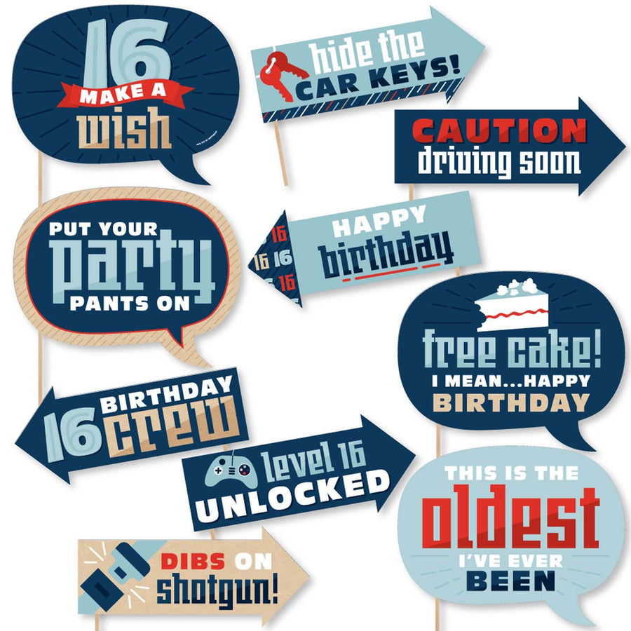 Funny Boy 16th Birthday - Sweet Sixteen Birthday Party Photo Booth Props Kit - 10 Piece
