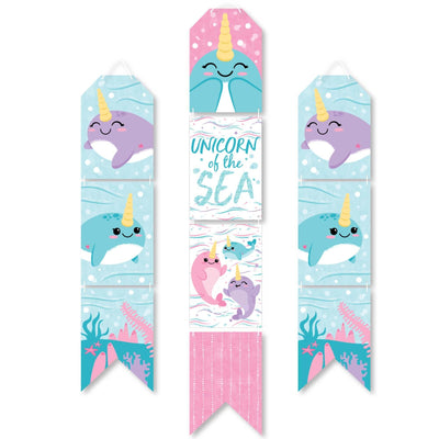 Narwhal Girl - Hanging Vertical Paper Door Banners - Under The Sea Baby Shower or Birthday Party Wall Decoration Kit - Indoor Door Decor