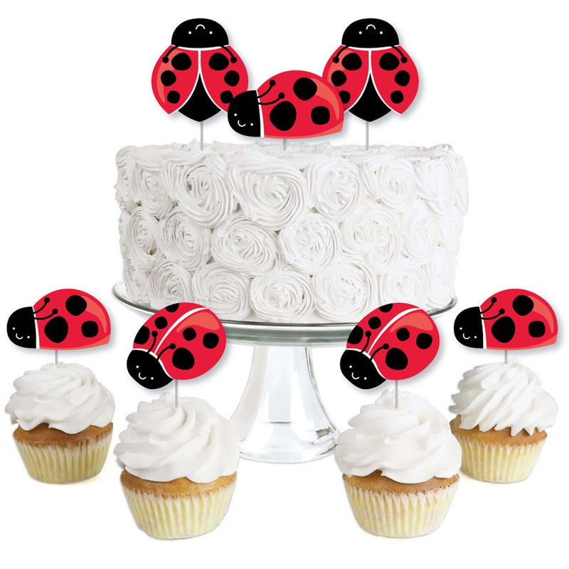 Happy Little Ladybug - Dessert Cupcake Toppers - Baby Shower or Birthday Party Clear Treat Picks - Set of 24