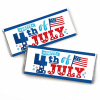 Candy bar wrappers with '4th of July' text and American flag colors design, set on a white background.