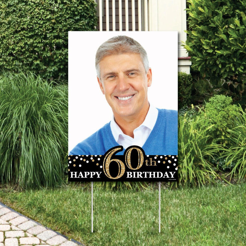 Adult 60th Birthday - Gold - Photo Yard Sign - Birthday Party Decorations