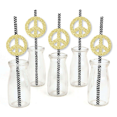 Gold Glitter Peace Sign Party Straws - No-Mess Real Gold Glitter Cut-Outs and Decorative 60's Hippie Groovy Party Paper Straws - Set of 24