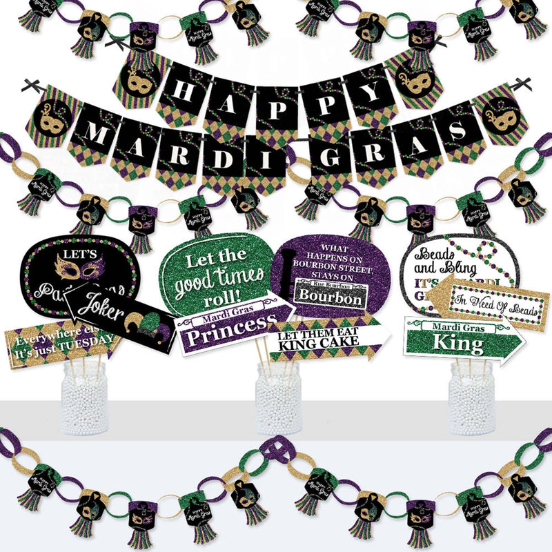 Mardi Gras - Banner and Photo Booth Decorations - Masquerade Party Supplies Kit - Doterrific Bundle