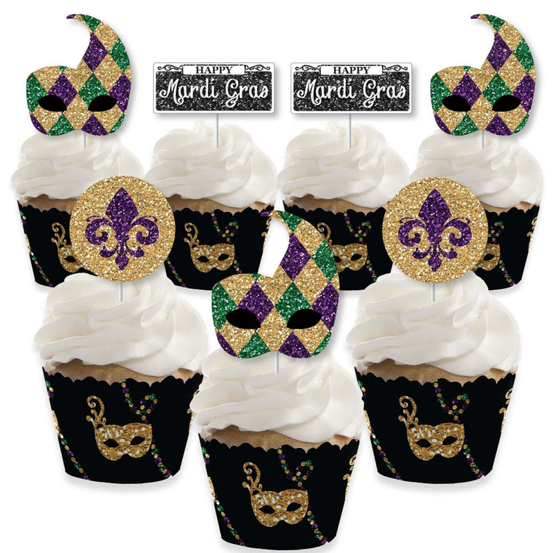 Mardi Gras - Cupcake Decoration - Masquerade Party Cupcake Wrappers and Treat Picks Kit - Set of 24