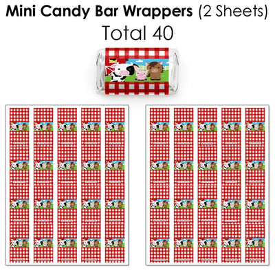 Farm Animals - Mini Candy Bar Wrappers, Round Candy Stickers and Circle Stickers - Barnyard Baby Shower or Birthday Party Candy Favor Sticker Kit - 304 Pieces
