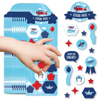 A collection of airplane-themed stickers in various shapes and designs, including a future pilot badge, with a child's hand holding one of the stickers.