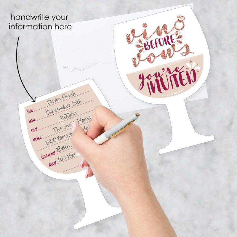 Vino Before Vows - Shaped Fill-In Invitations - Winery Bridal Shower or Bachelorette Party Invitation Cards with Envelopes - Set of 12